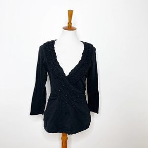 Deletta Anthropologie Black Appliqué Ruffle Blouse